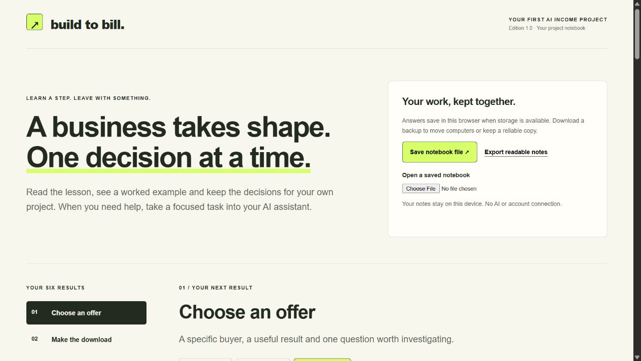 The included project notebook with six lessons and your own saved notes
